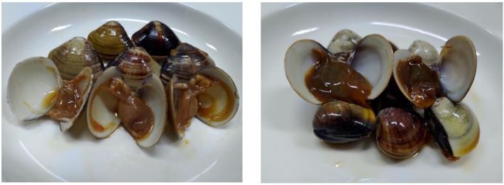 圖1、市售醃漬文蛤產品。樣品A-蒜香辣文蛤(左)；樣品B-蒜香醃製文蛤(右).JPG