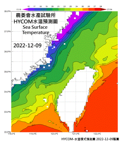 HYCOM-2022烏魚汛期-水溫模式預測圖-20221209-1212